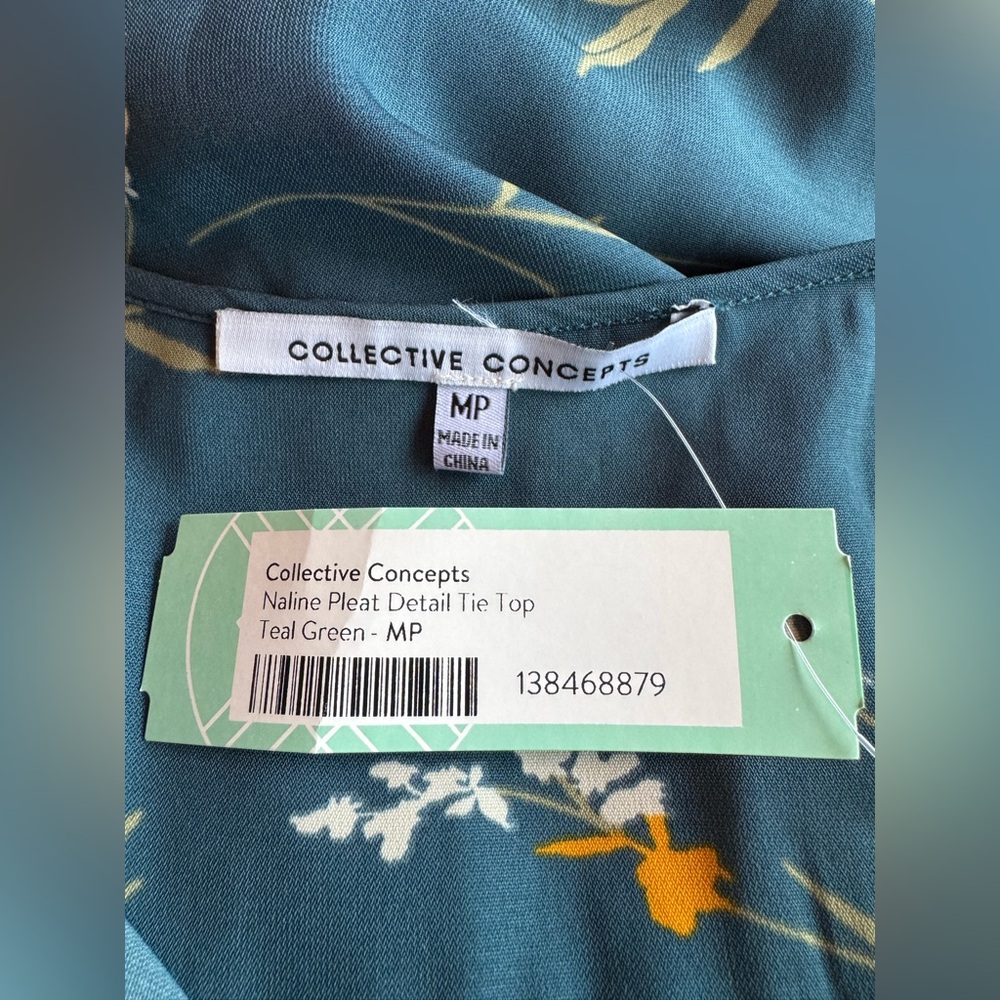 Collective Concepts Teal Floral Tie-Hem Blouse with Yellow Accents MP - Picture 7 of 7